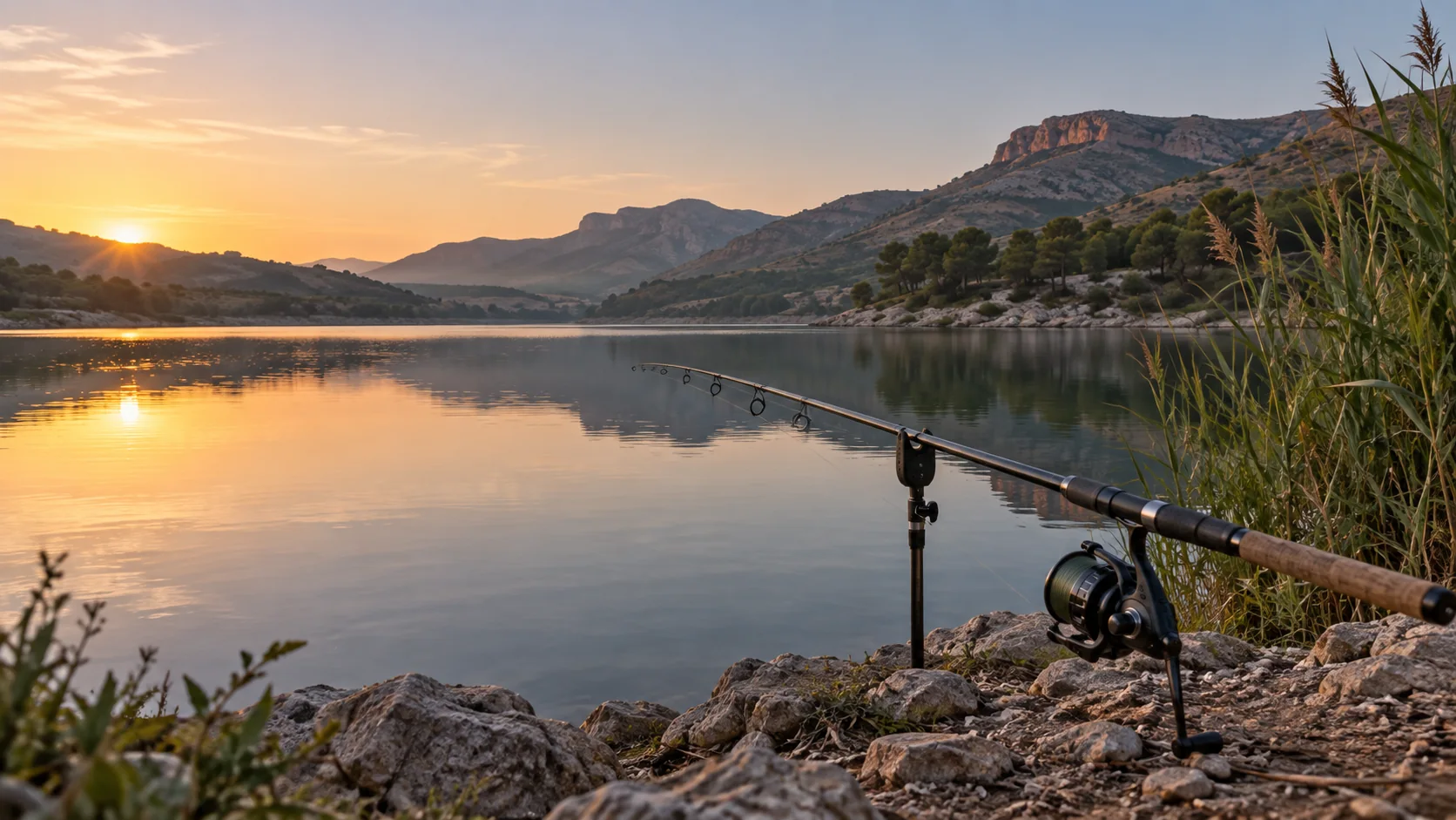 Caña de pesca junto a un embalse al amanecer