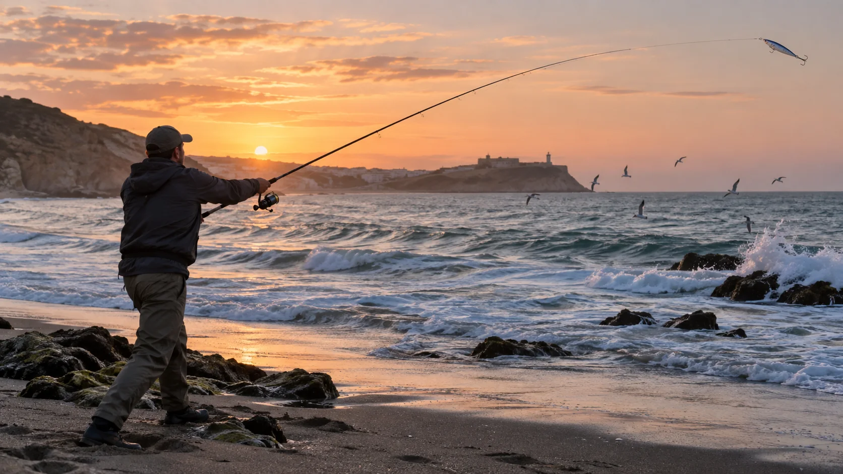 Pescador lanzando un señuelo desde la costa al amanecer