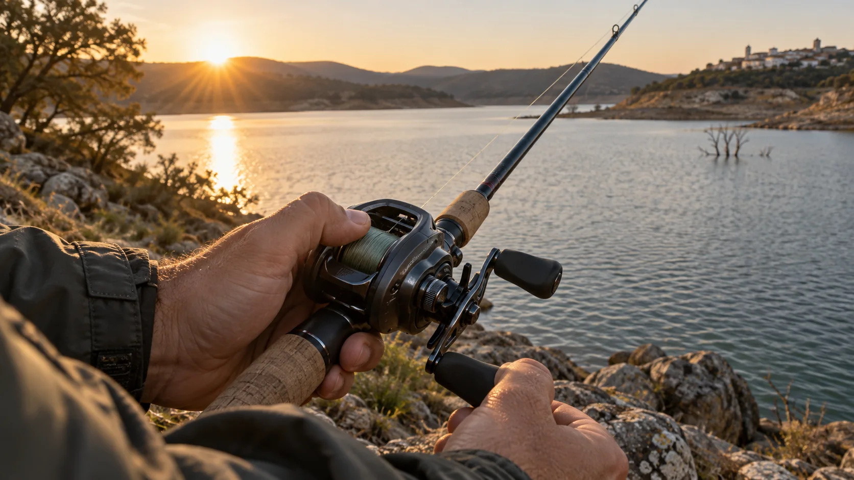 Carrete baitcasting de perfil bajo en una caña junto a un embalse