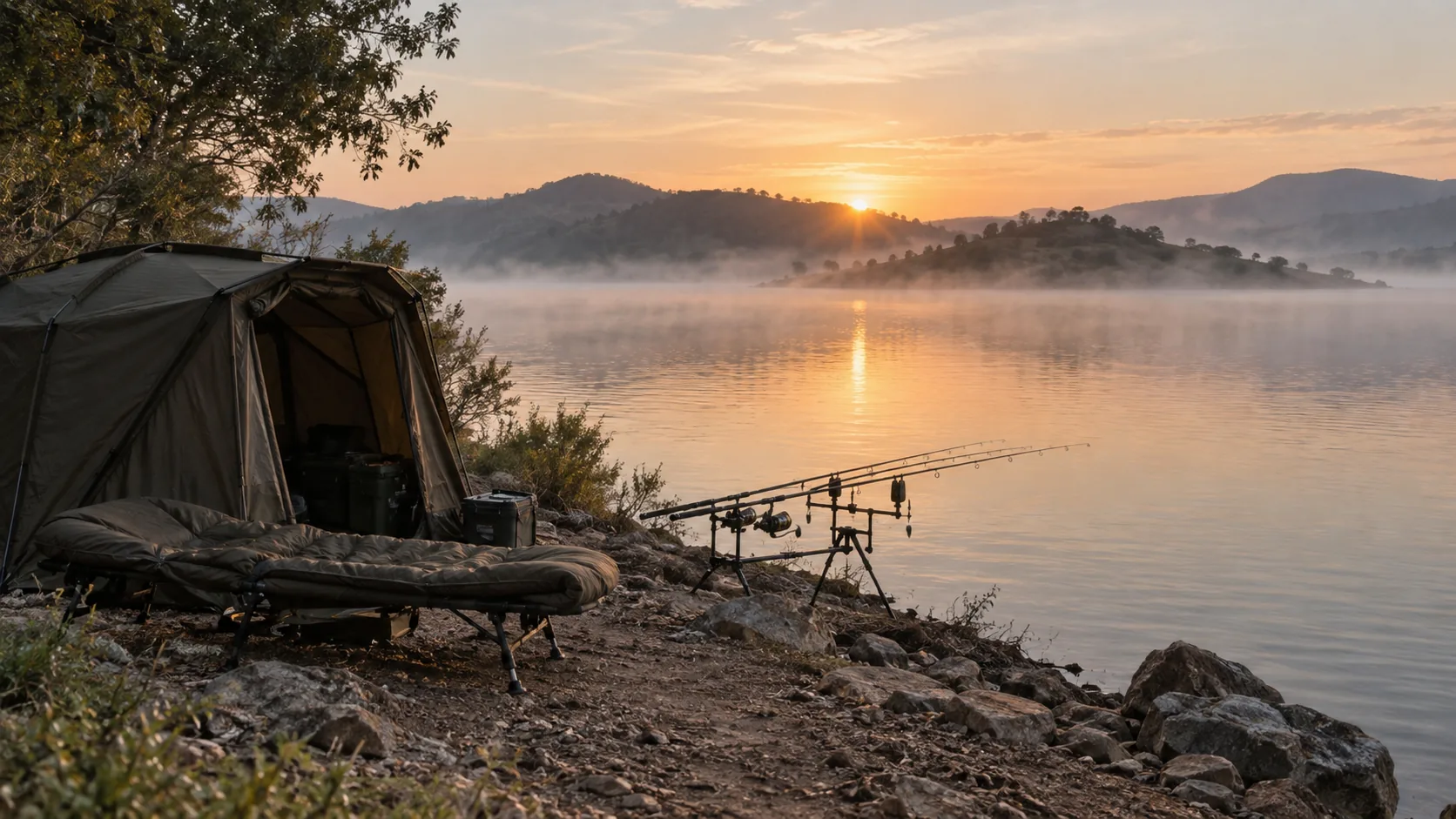 Bivvy de pesca de carpas montado frente a un embalse con luz de amanecer.