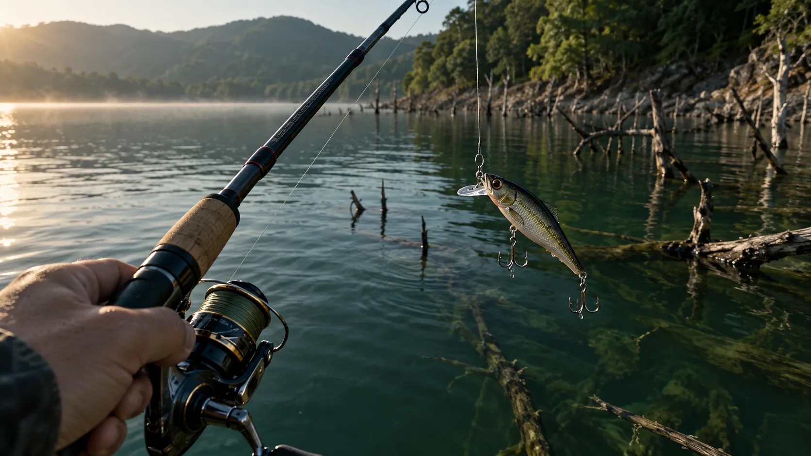 Equipo de spinning preparado para pescar black bass en un embalse