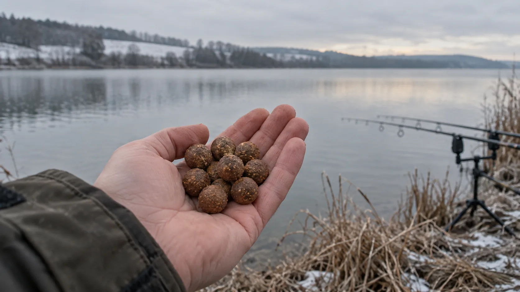 Pequeña ración de boilies de carpa preparada en una orilla fría de embalse.