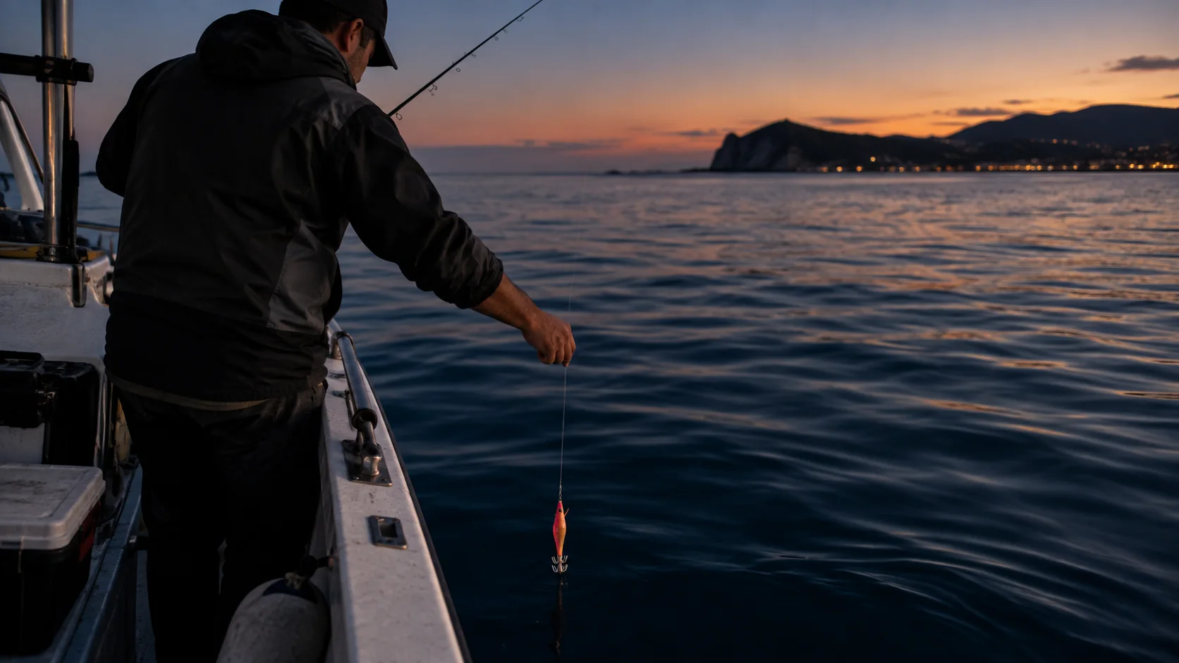 Pescador bajando un señuelo de calamar desde una embarcación al anochecer
