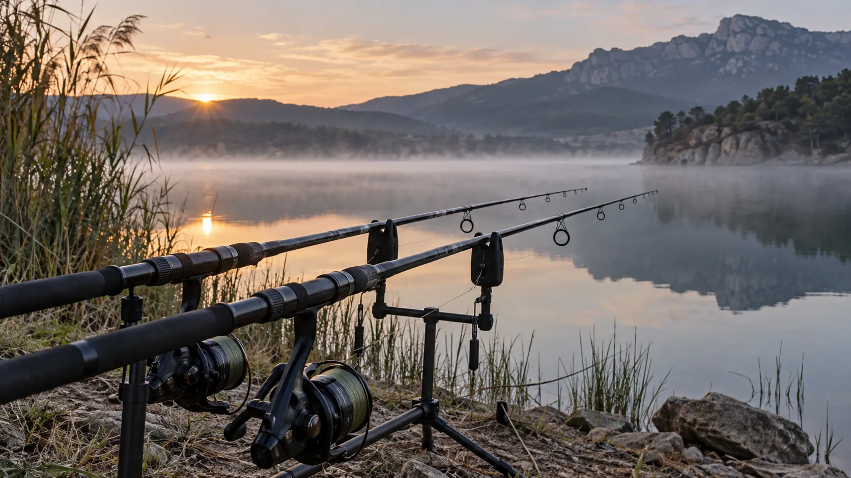 Cañas de carpfishing montadas en un soporte frente a un embalse