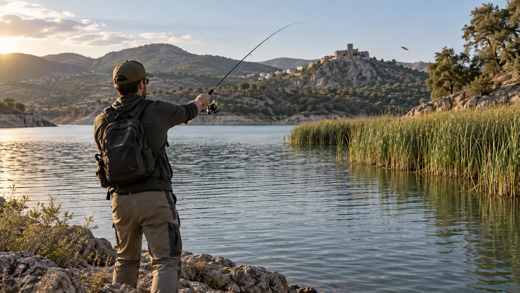 Pescador lanzando una caña de spinning junto a un embalse