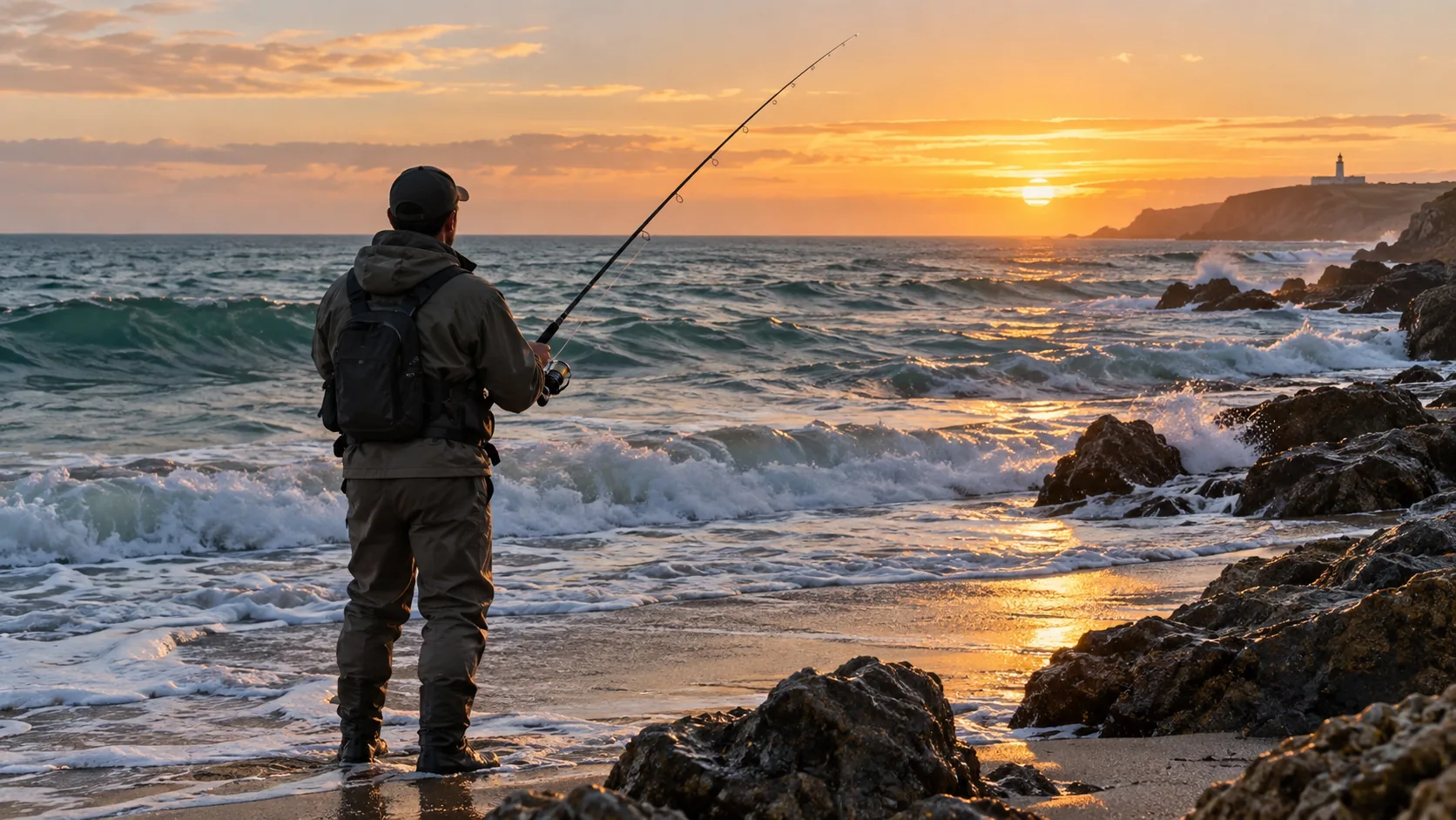 Pescador con caña de spinning frente a una playa con rocas y oleaje al atardecer