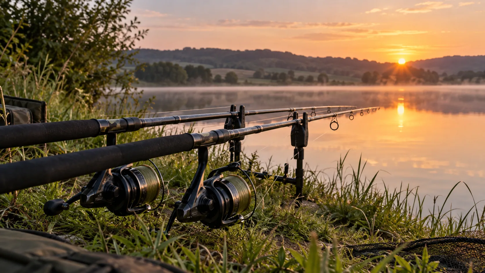 Dos cañas de carpfishing con carretes en la orilla de un embalse al amanecer