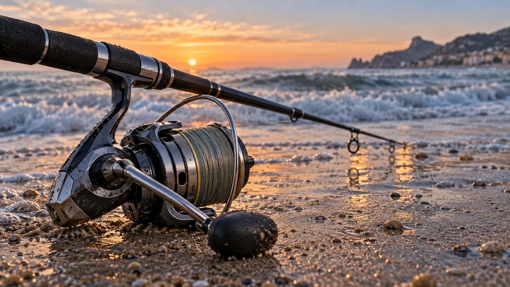 Carrete de surfcasting y caña sobre la arena frente al mar