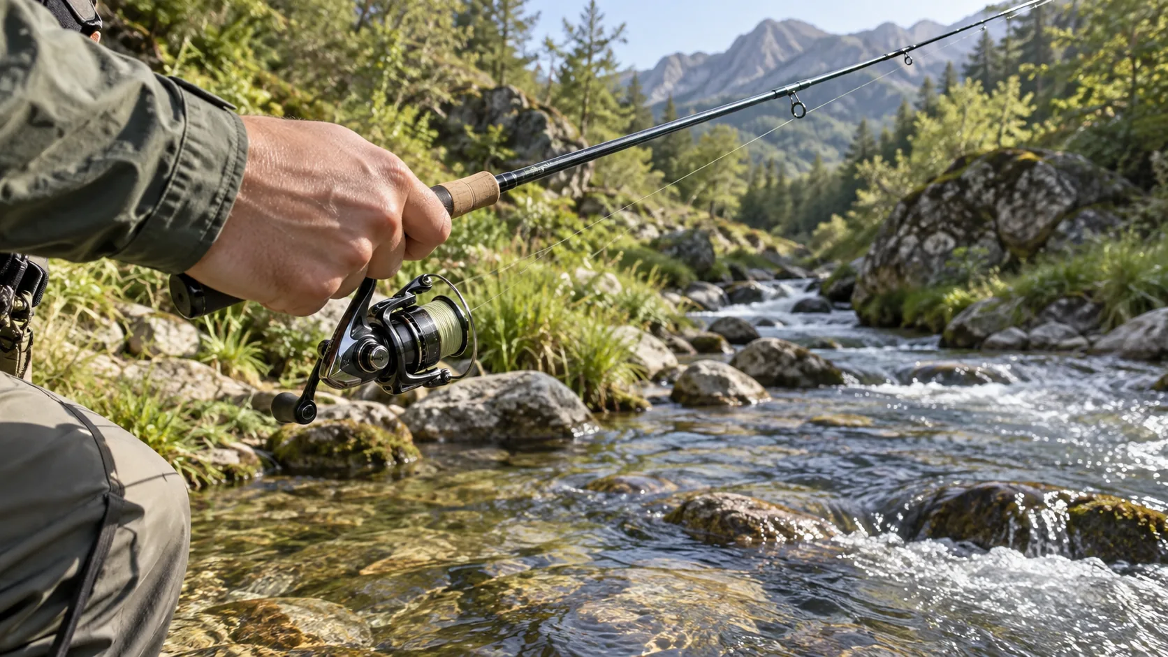 Detalle de un carrete de spinning ligero junto a un río de montaña con piedras y corriente