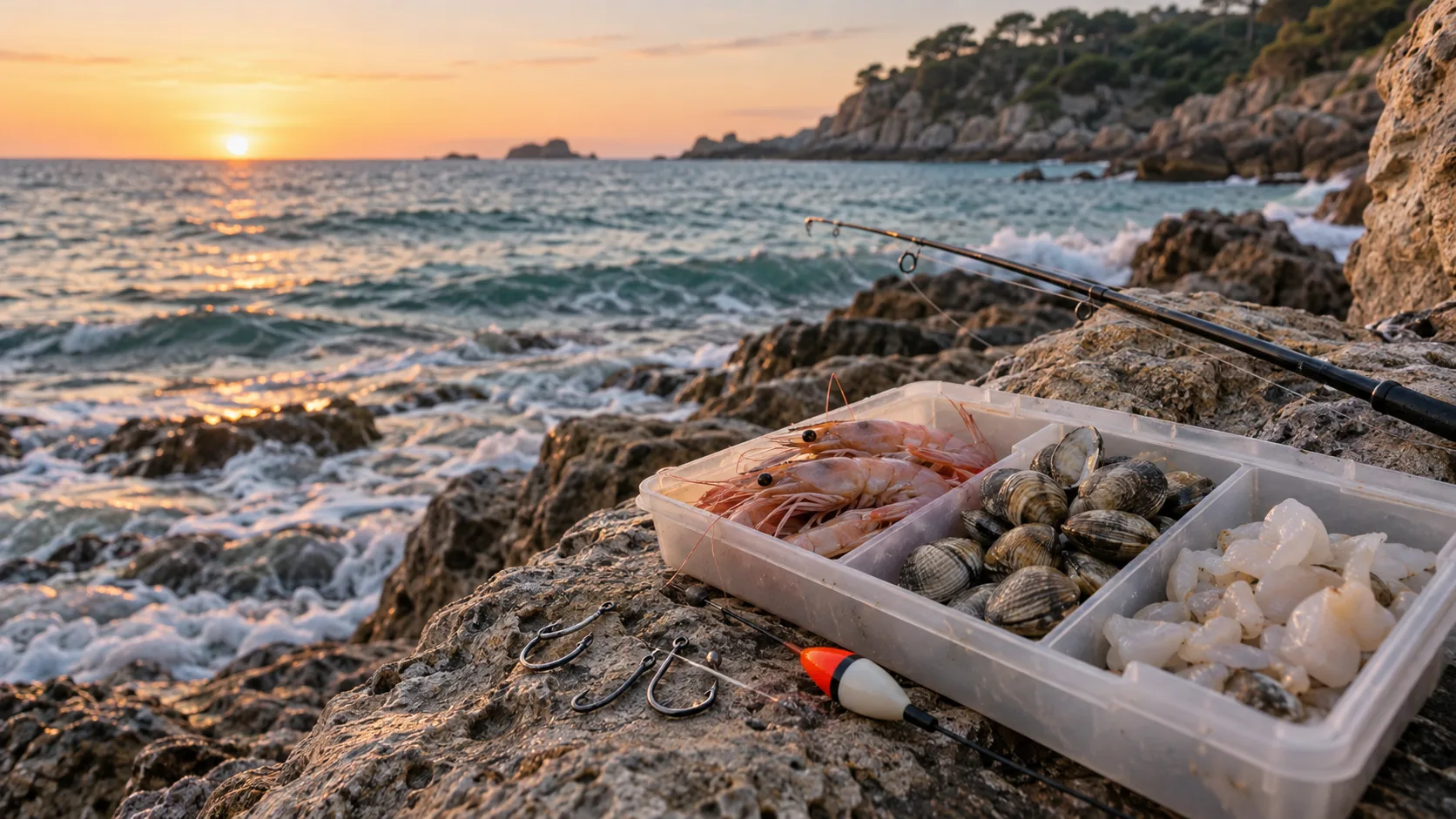 Pescador preparando carnada junto a una costa rocosa con espuma de mar