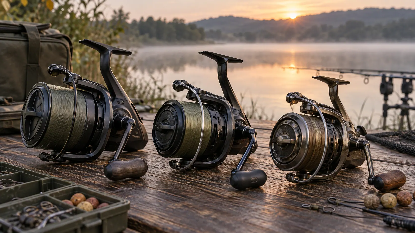 Tres carretes de carpfishing de bobina grande sobre una mesa de material