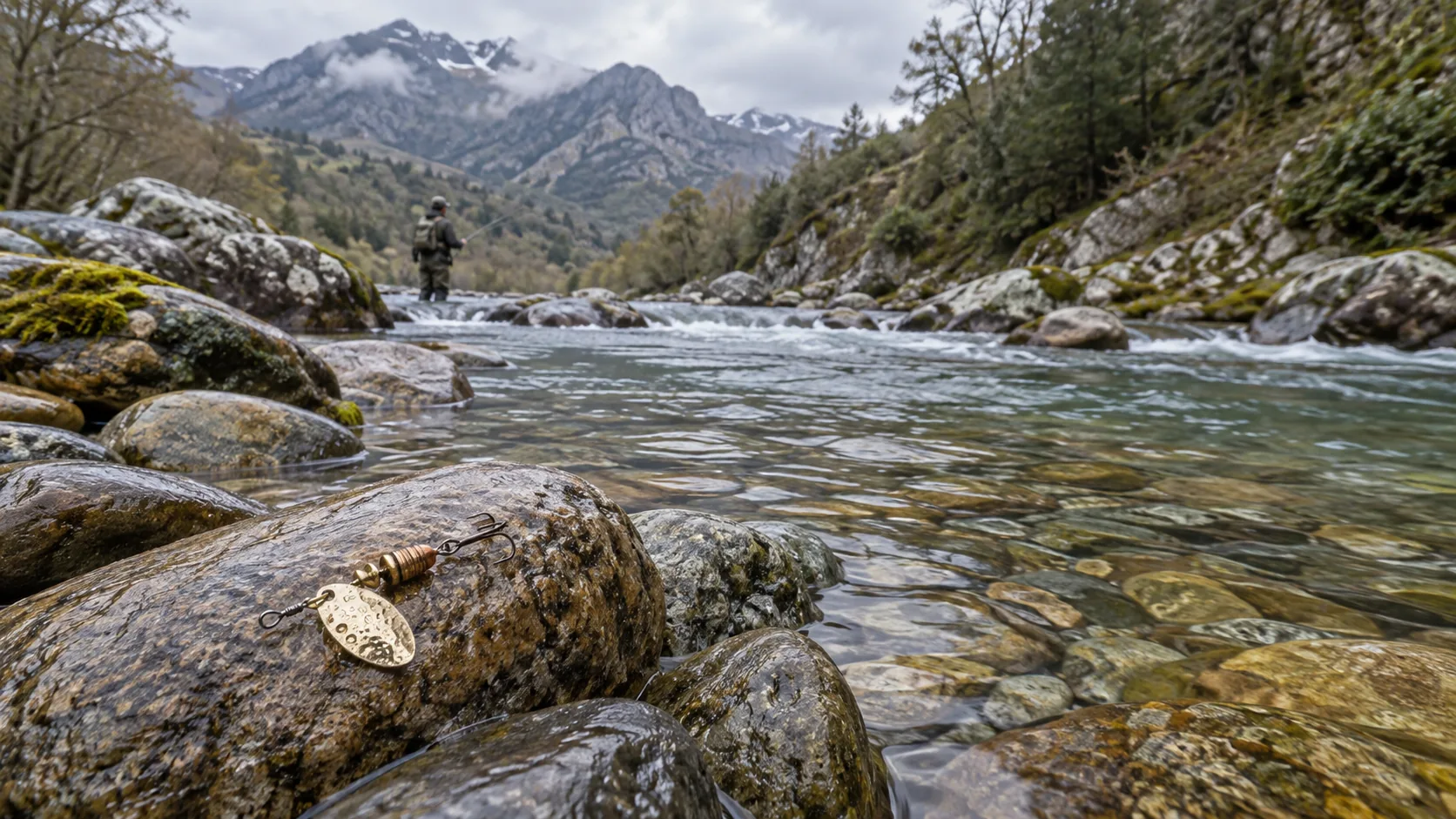 Cucharilla de pesca junto a las piedras de un río claro de montaña