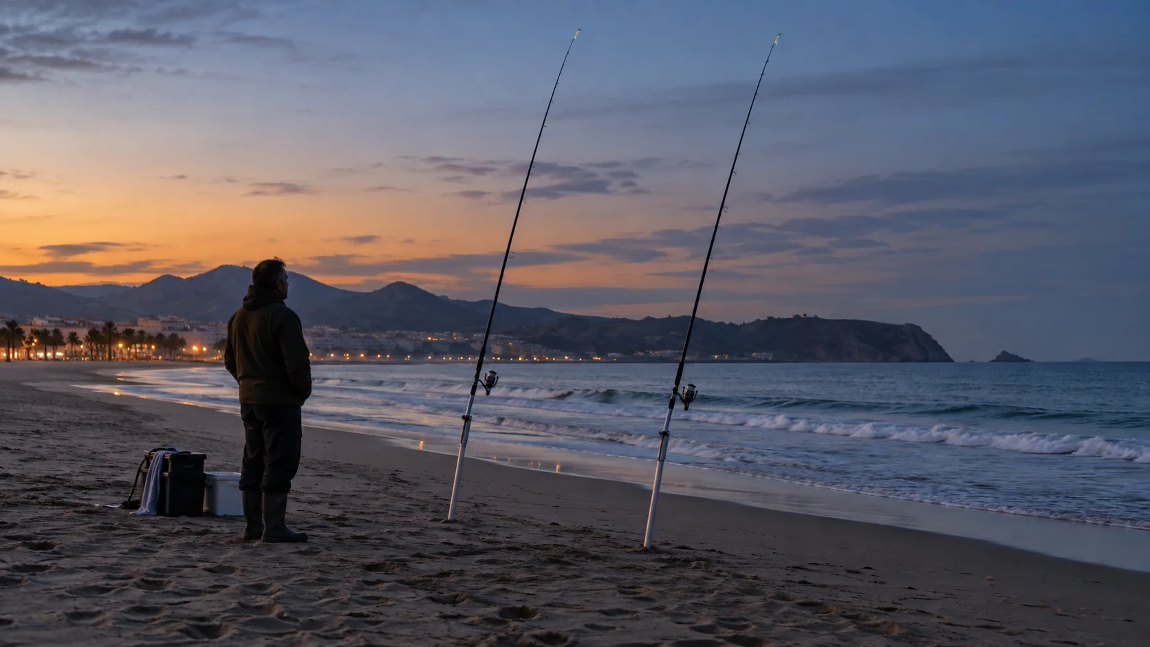 Cañas de surfcasting preparadas en una playa al atardecer
