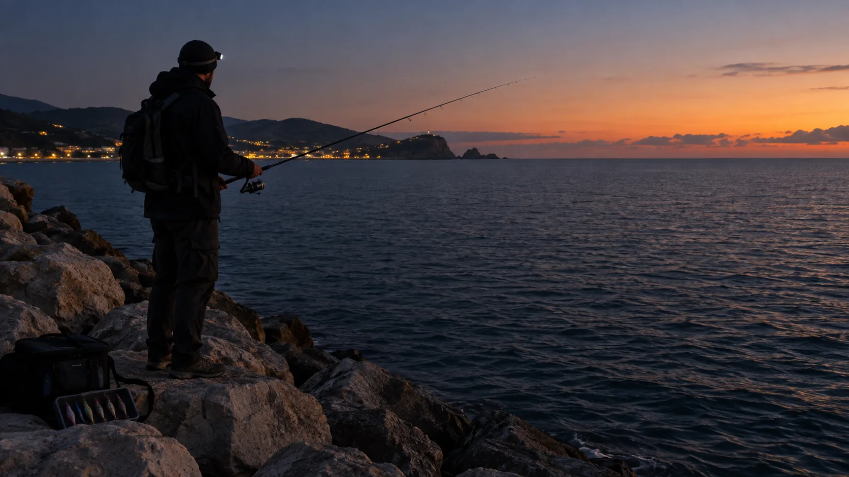 Pescador practicando eging al amanecer en un espigón mediterráneo