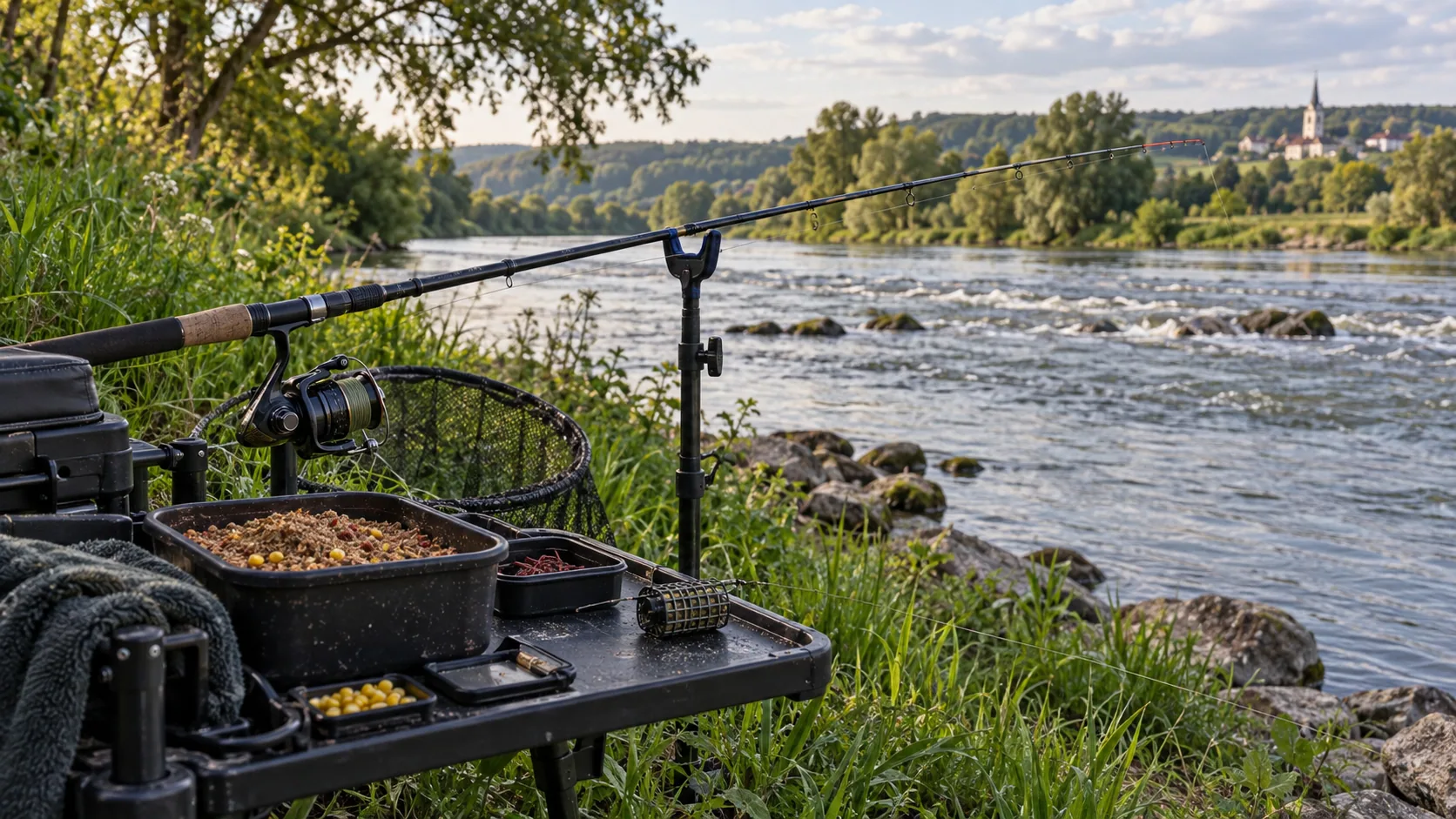 Caña de feeder y material de pesca preparados junto al río