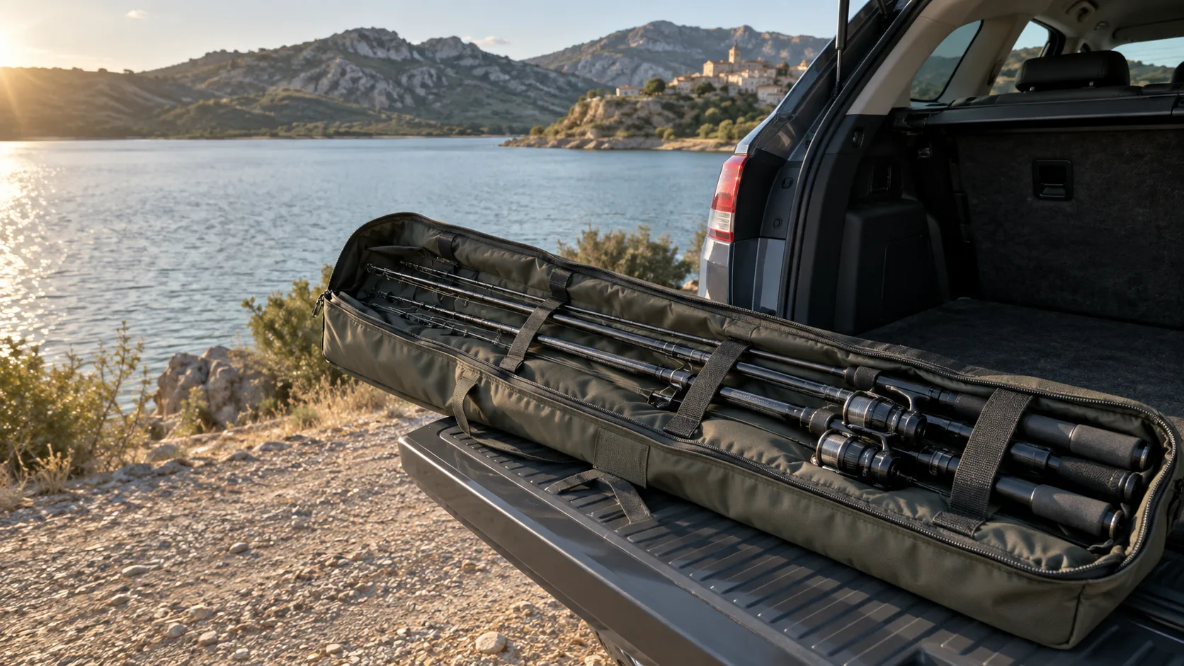 Funda acolchada con cañas de carpfishing preparada para el traslado al embalse.