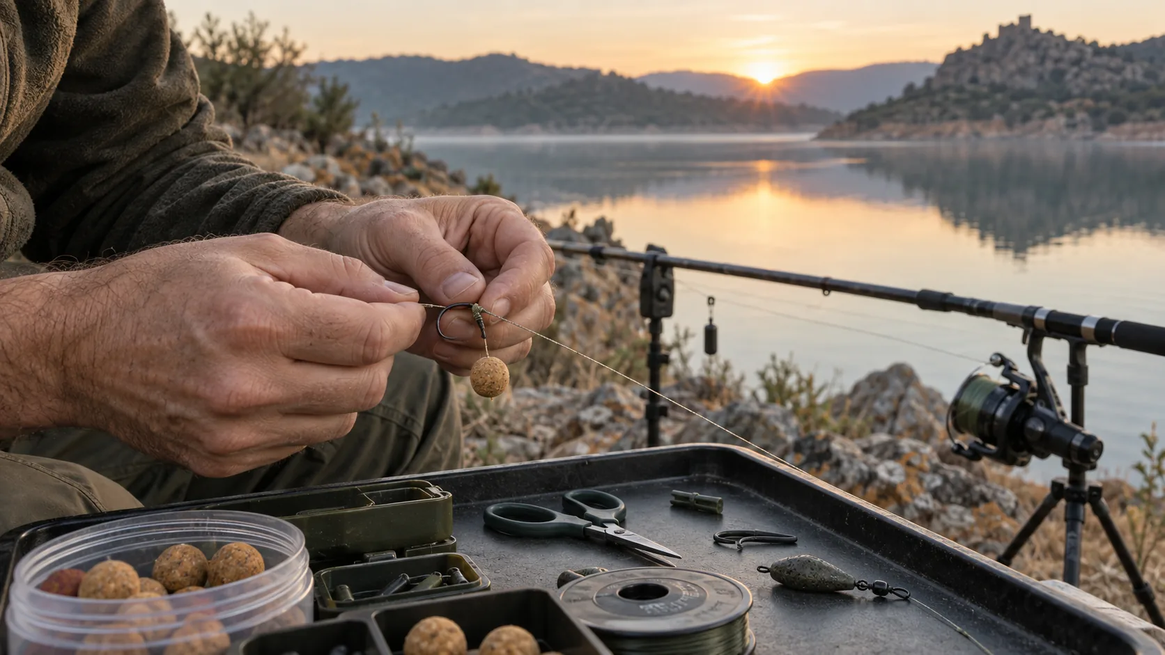 Primer plano de un montaje hair rig con boilie junto a material de pesca de carpas