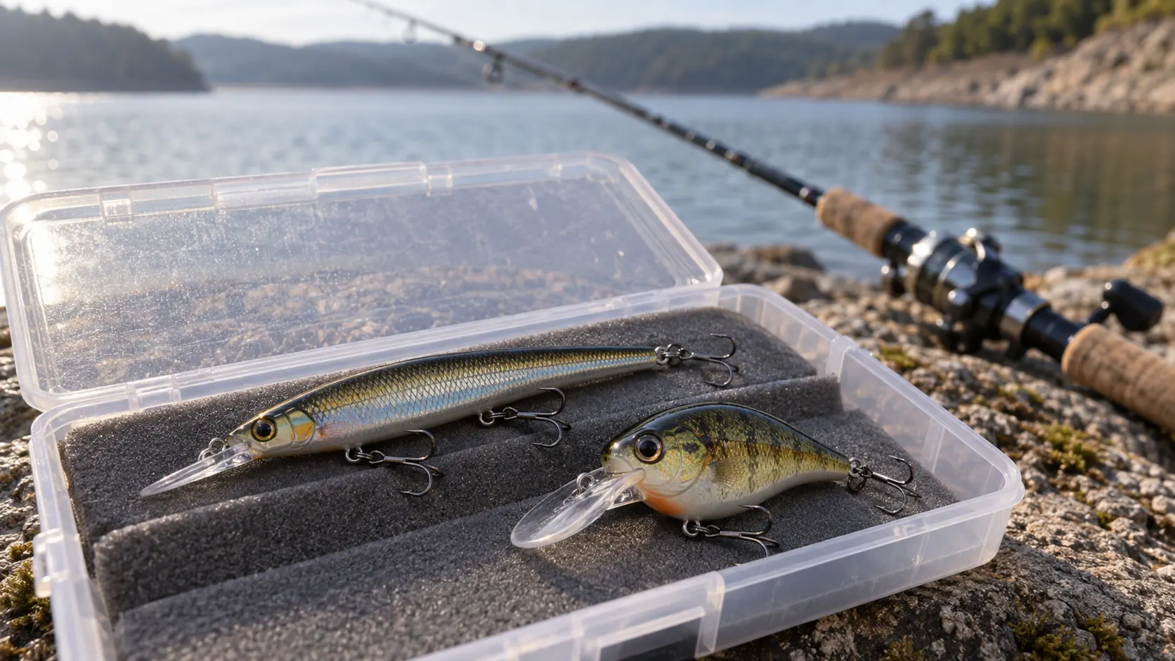 Jerkbait y crankbait en una caja de señuelos junto al agua
