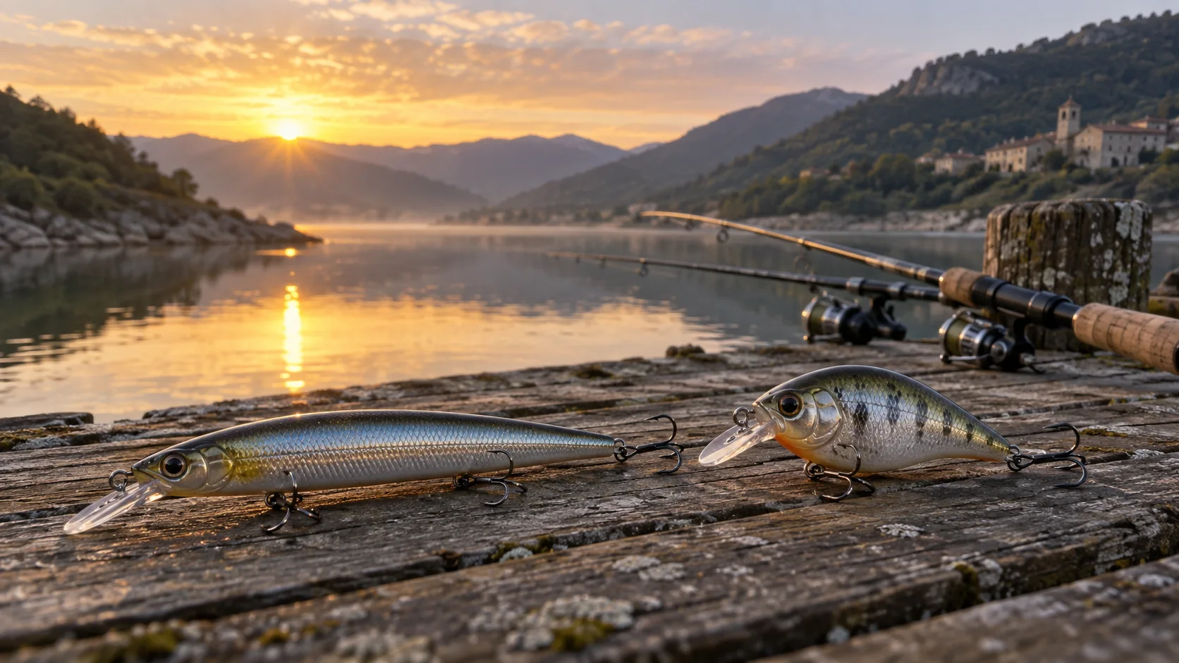 Dos jerkbaits sin marca sobre un embarcadero junto a un embalse al amanecer