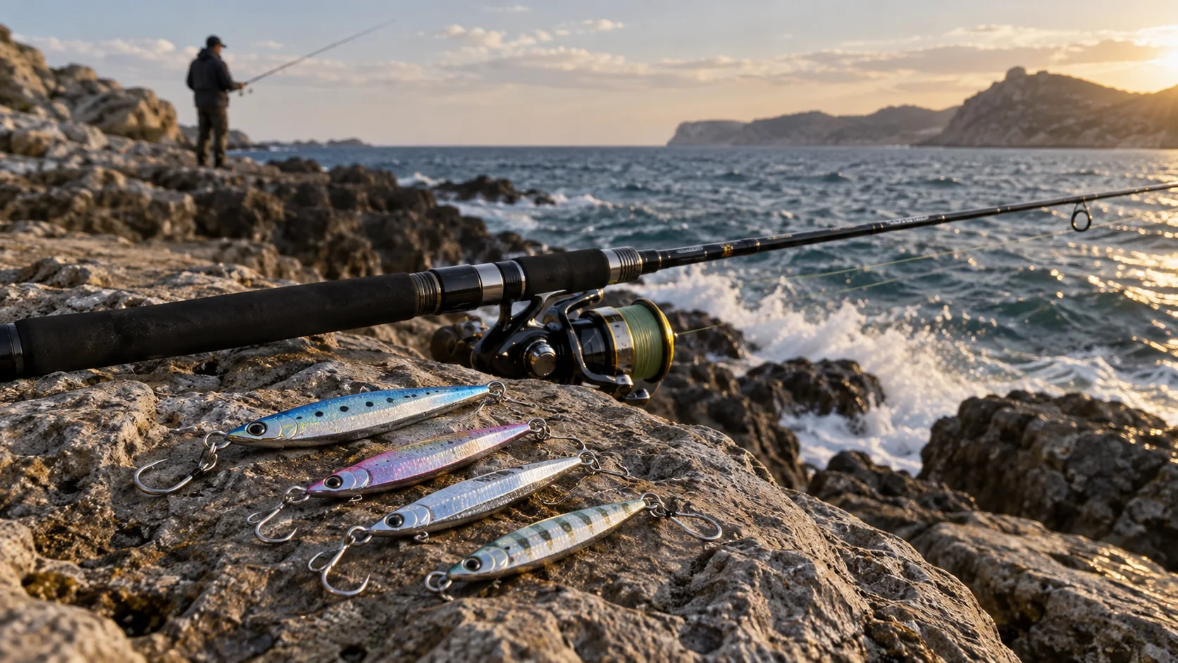 Jigs metálicos junto a una caña de spinning sobre roca costera