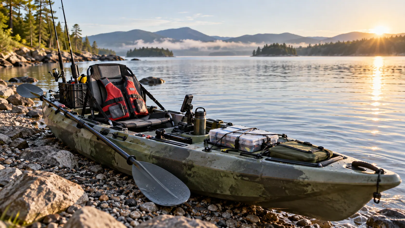 Kayak de pesca con chaleco y pala preparado en la orilla