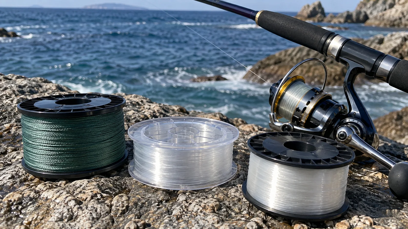 Bobinas de diferentes líneas para spinning junto al mar