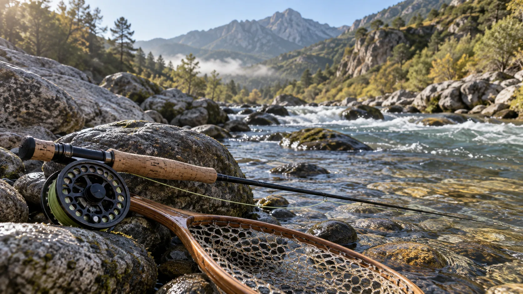 Equipo de pesca a mosca junto a un río