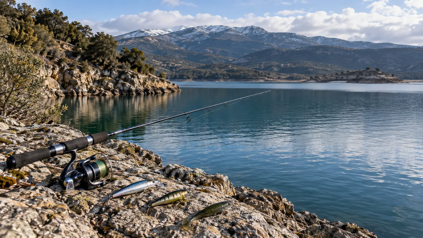 Caña ligera y señuelos pequeños junto a una punta rocosa de embalse en invierno