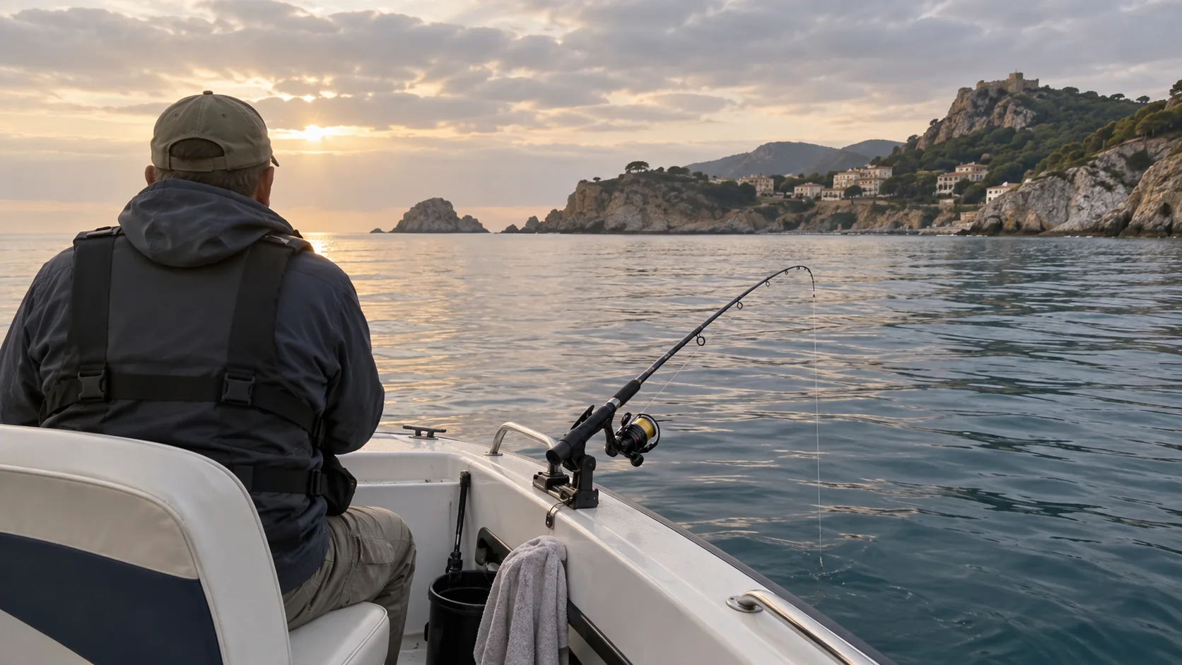 Equipo de pesca preparado junto a una embarcación pequeña
