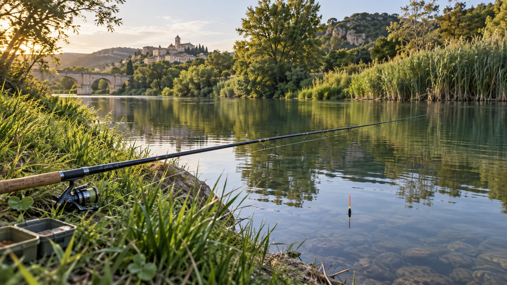 Caña de pesca a la inglesa y flotador waggler junto a un río lento
