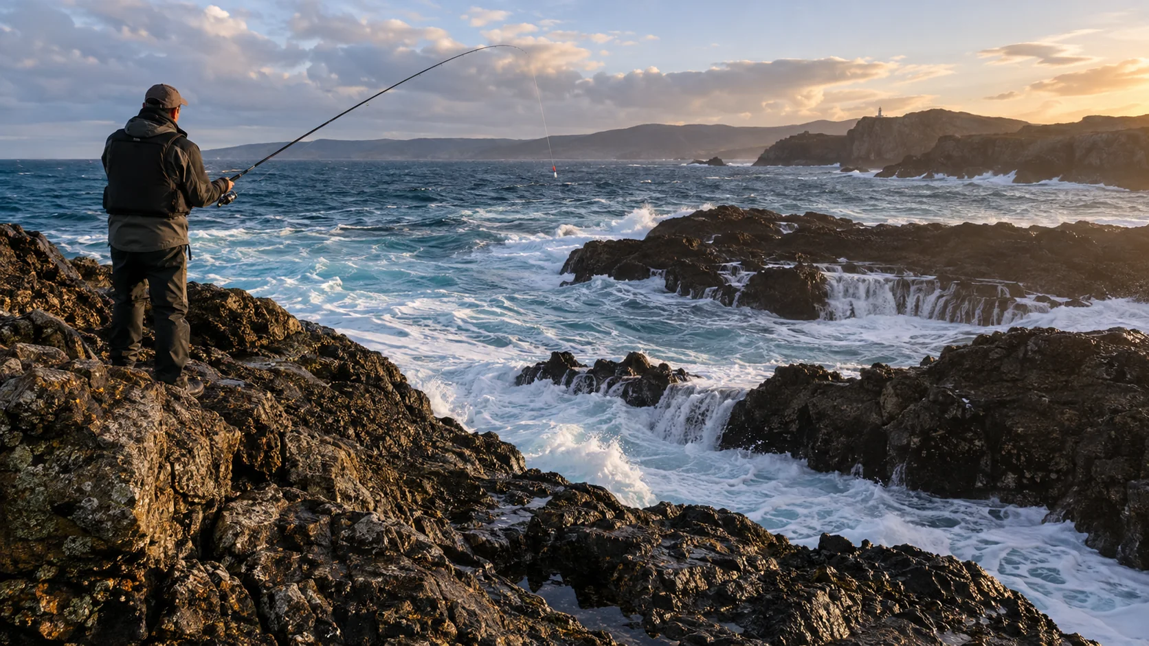Pescador con boya junto a la espuma de una costa rocosa