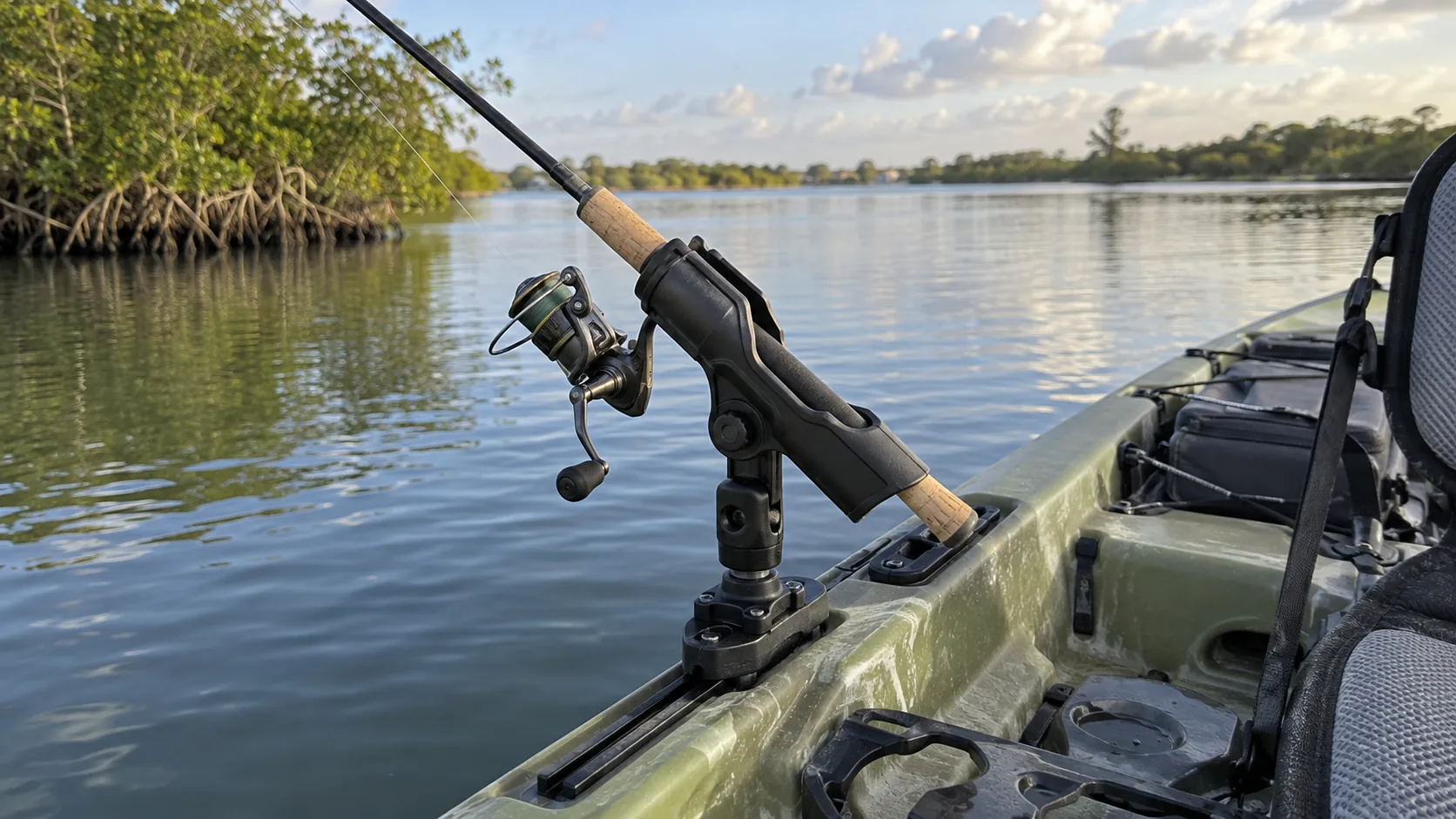 Portacañas ajustable instalado en el lateral de un kayak de pesca.
