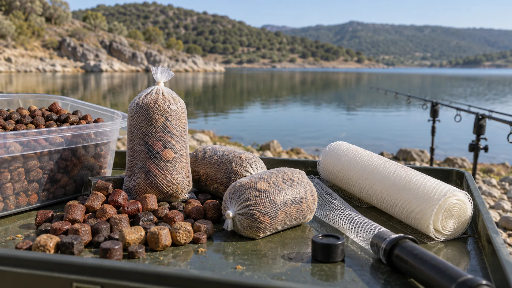 Bolsa y malla PVA con pequeñas raciones de cebo preparadas junto al embalse.