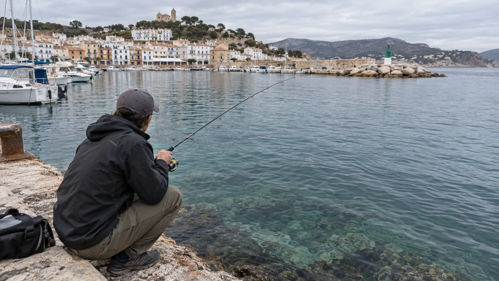 Pescador trabajando un microjig desde un muelle costero