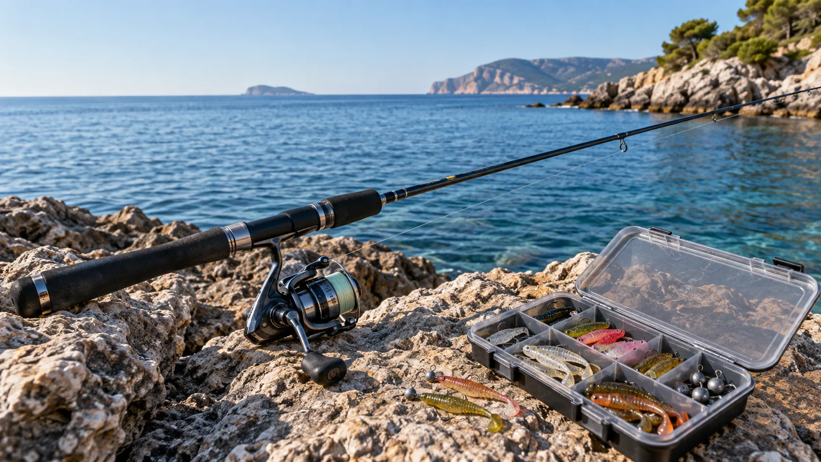 Equipo ligero de rockfishing apoyado junto a una zona de roca