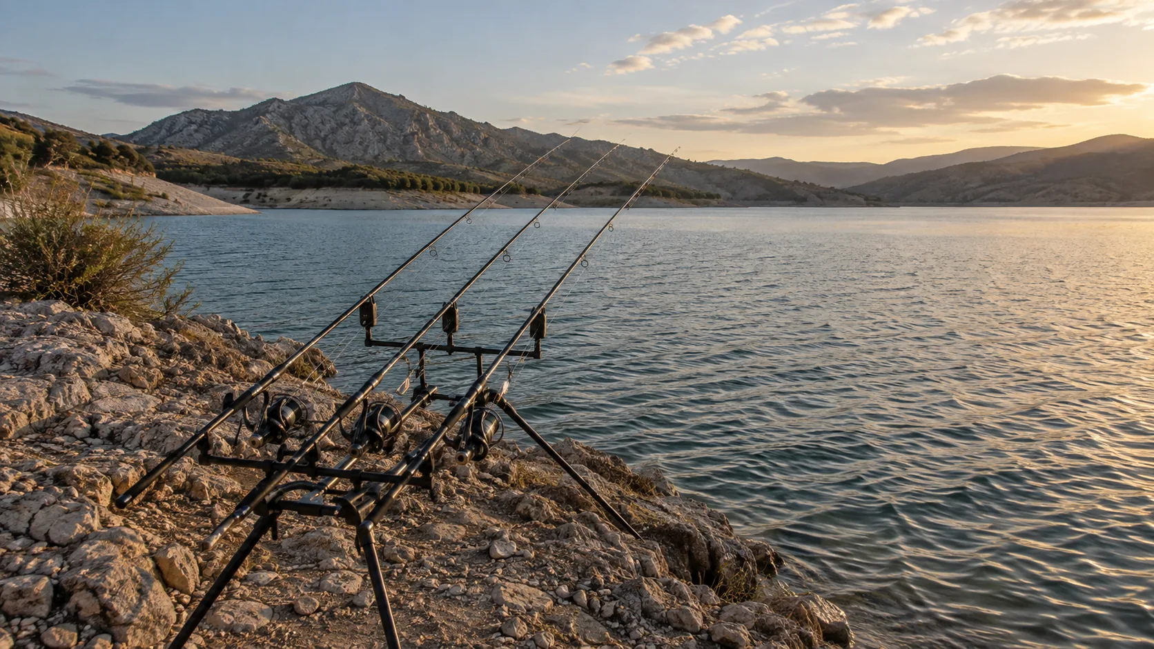 Rod pod con cañas de carpfishing sobre una orilla rocosa de embalse.