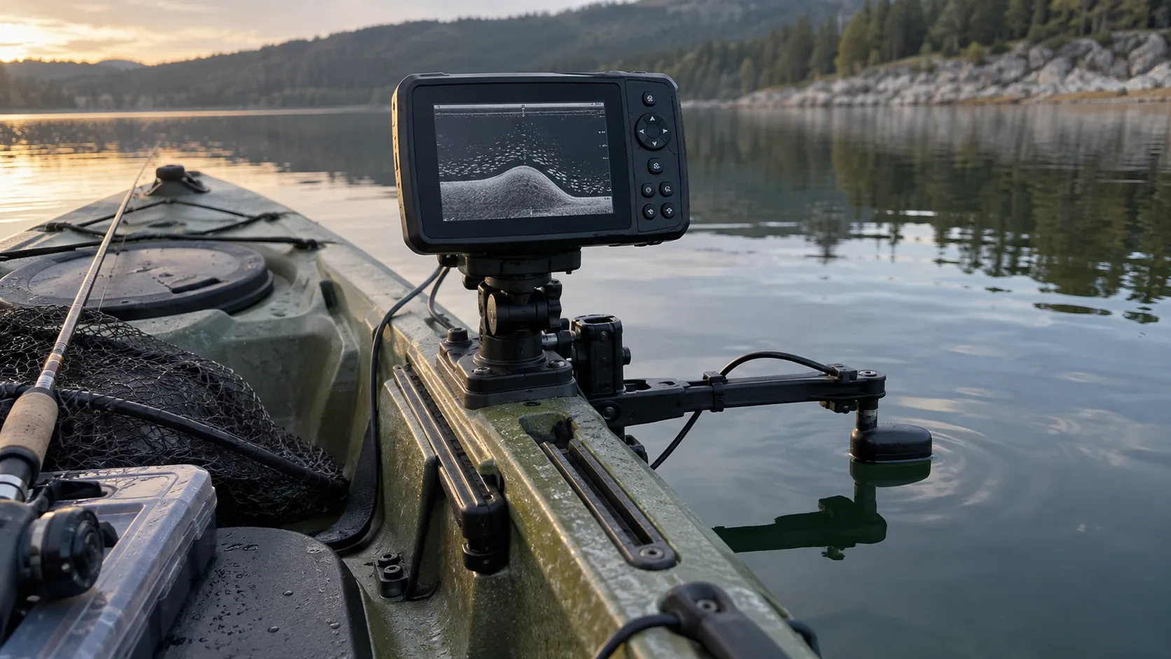 Sonda compacta instalada en un kayak de pesca sobre un embalse tranquilo.