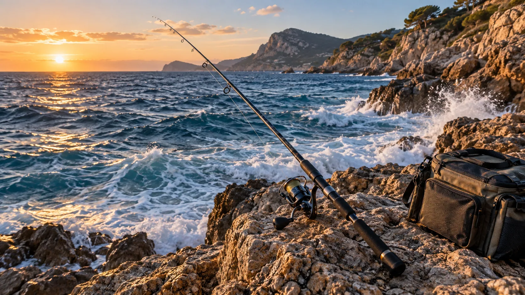 Caña de spinning desde una costa rocosa con el mar al fondo