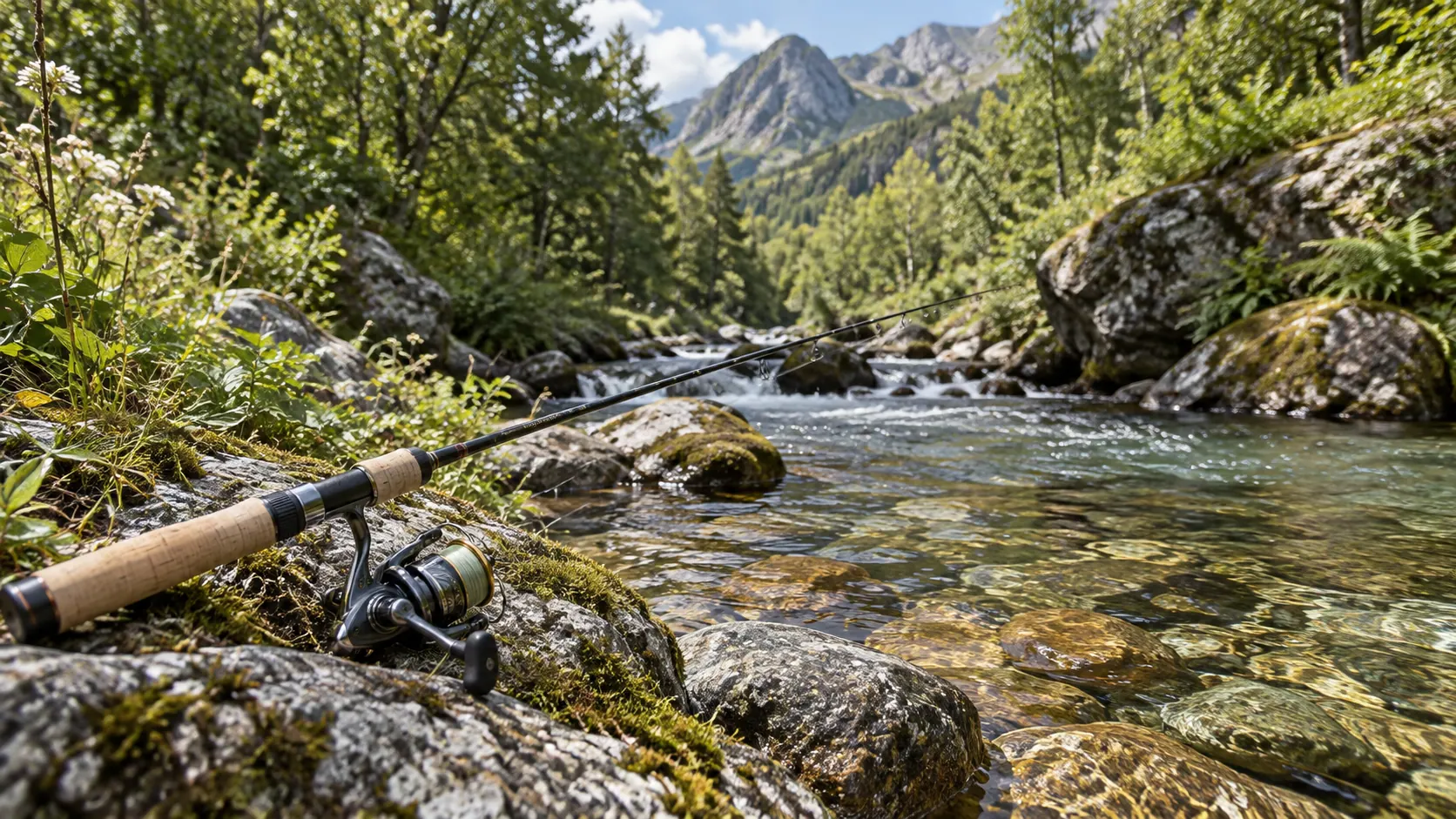 Caña ligera de spinning junto a un río de aguas claras
