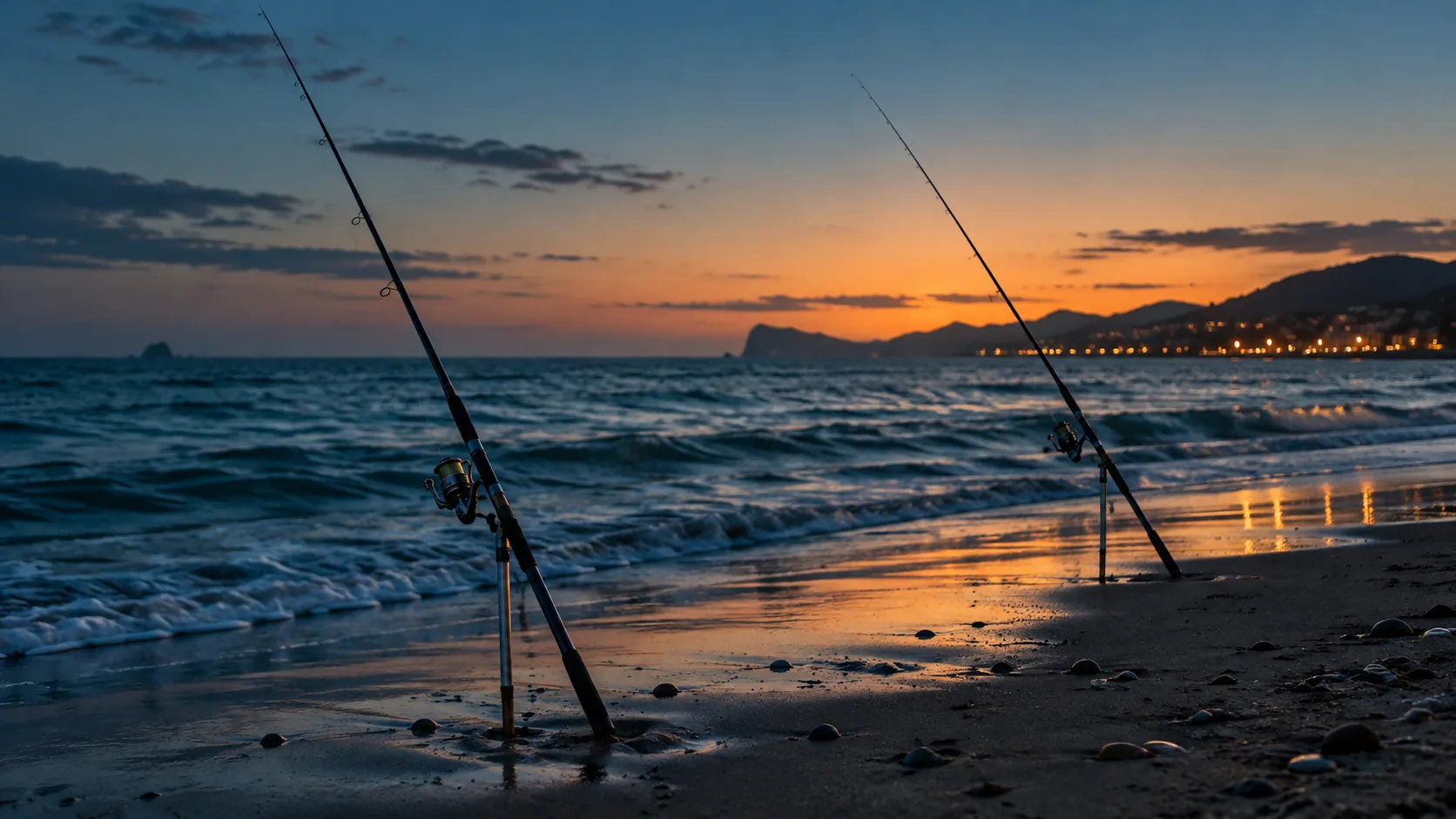 Cañas de surfcasting montadas en una playa al atardecer