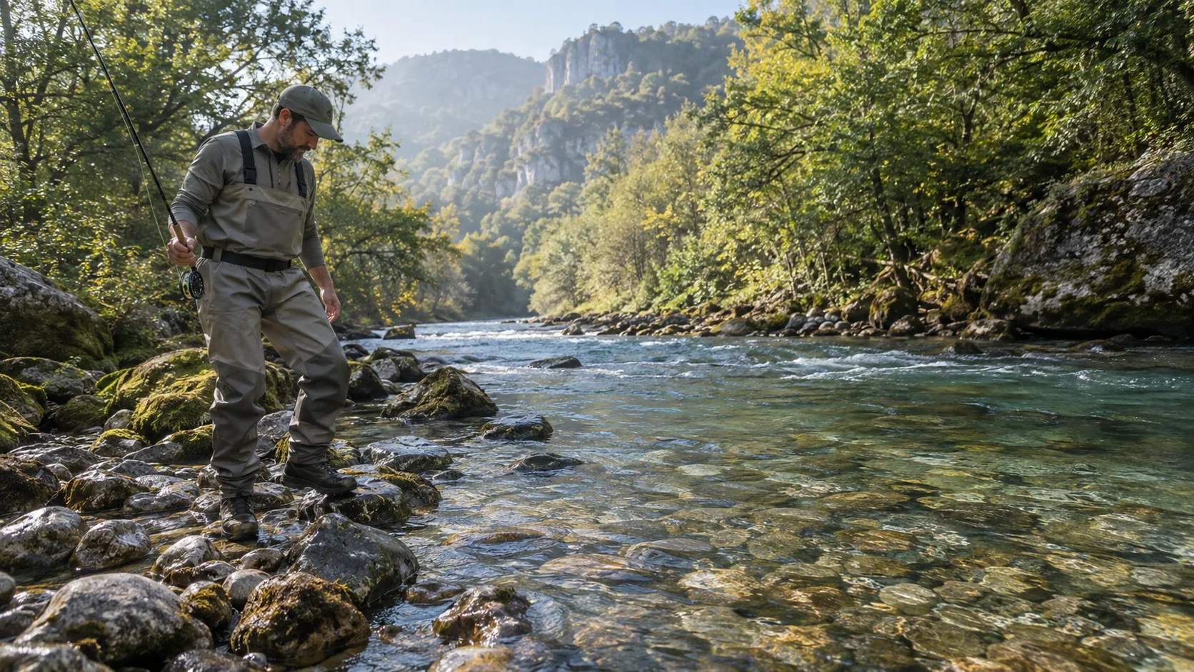 Pescador con vadeadores examinando el fondo de un río antes de entrar