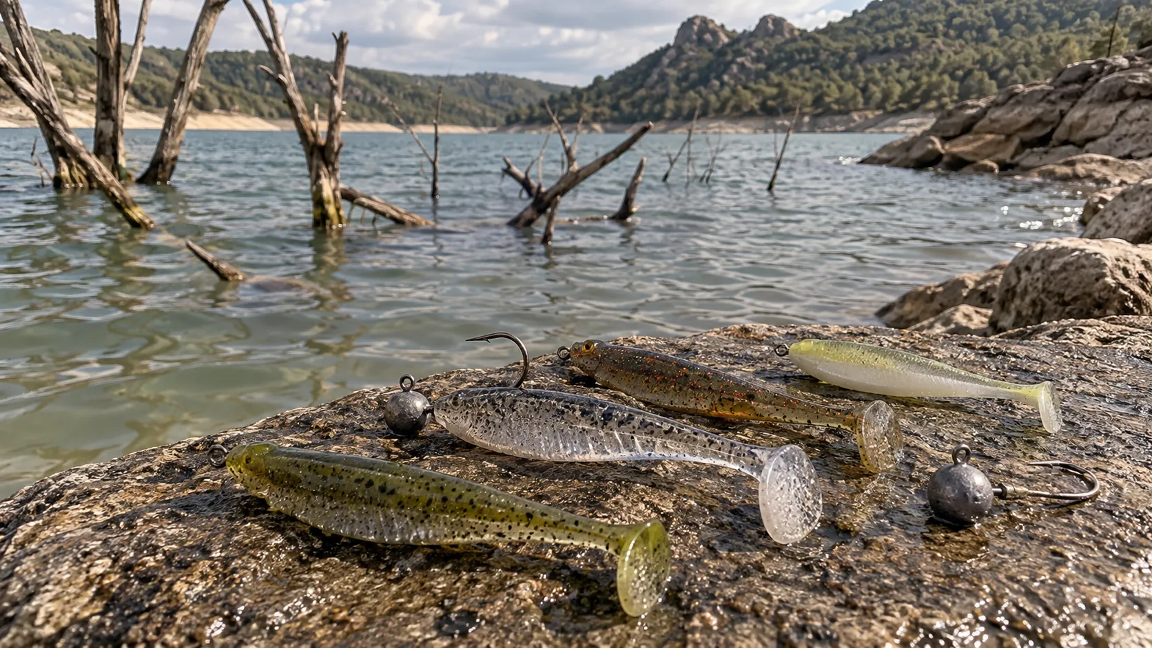 Vinilos de pesca y cabezas plomadas junto a un embalse de agua tomada